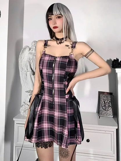 High Waist Spaghetti Strap Plaid Mini Mall Goth Grunge Punk Emo Sexy Party Zipper Aesthetic Dress