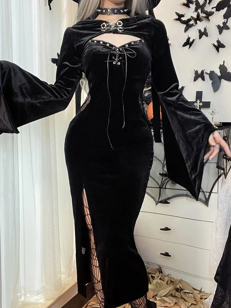 Long Dress Suit With Hat See Through Velvet Lace Cutout High Slit Long Sleeve Button Lace-up Party Dress