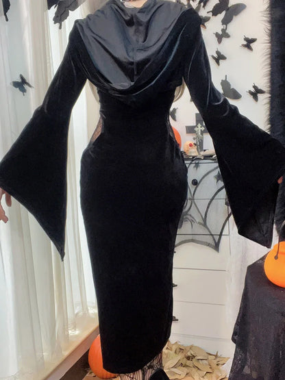 Long Dress Suit With Hat See Through Velvet Lace Cutout High Slit Long Sleeve Button Lace-up Party Dress