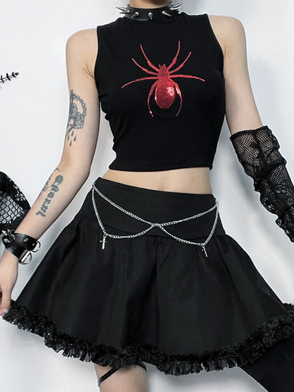 Gothic Spider Graphic Print Sleeveless Punk Alt Crop Top