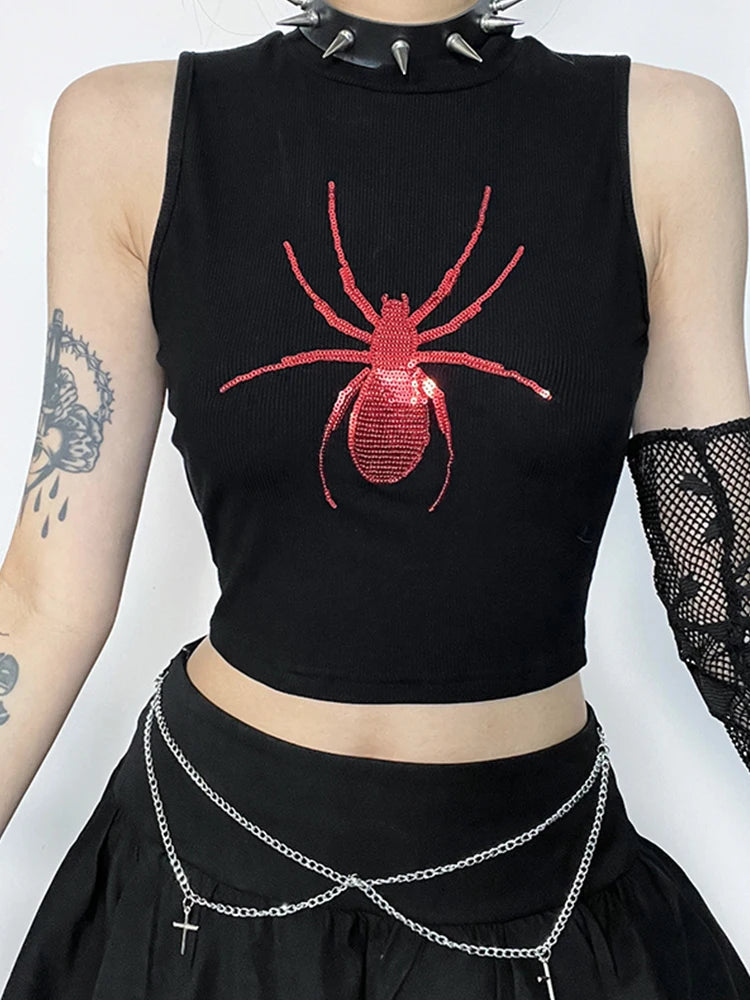 Gothic Spider Graphic Print Sleeveless Punk Alt Crop Top