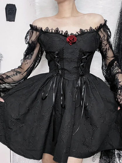 Grunge Party High Waist Gothic Dark Sexy A-Line Jacquard Lace Sleeve Lolita Vintage Harajuku Dress