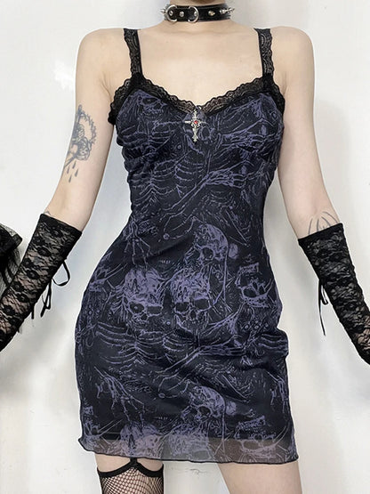 Party Mini Dress Grunge Skulls Pattern Gothic Sleeveless Backless Lace Trim Short Dress