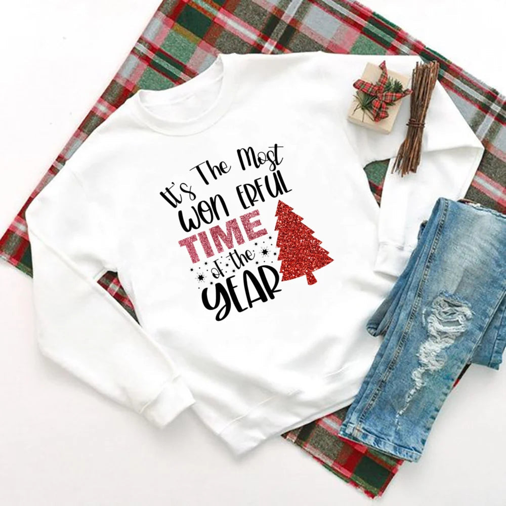 Christmas Hoodie - Wonderful Time Printed Party Holiday Sweater Xmas Outfit