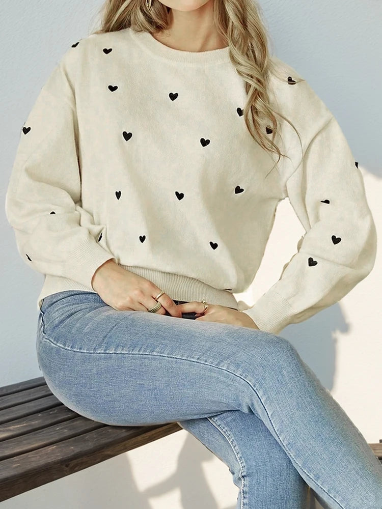 Autumn Winter Love Printed Fresh Solid Casual Pullover Sweater