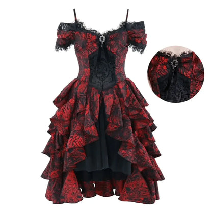 Japanese Gothic Style Red Black Halloween Off-Shoulder Court Wave Autumn Dark High-Waist Lolita Party Dress