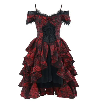 Japanese Gothic Style Red Black Halloween Off-Shoulder Court Wave Autumn Dark High-Waist Lolita Party Dress