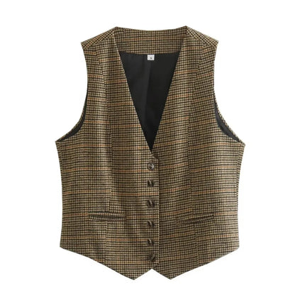 Vintage Brown Plaid Sleeveless V Neck Buttons Fashion Autumn Winter Office Lady Blazer