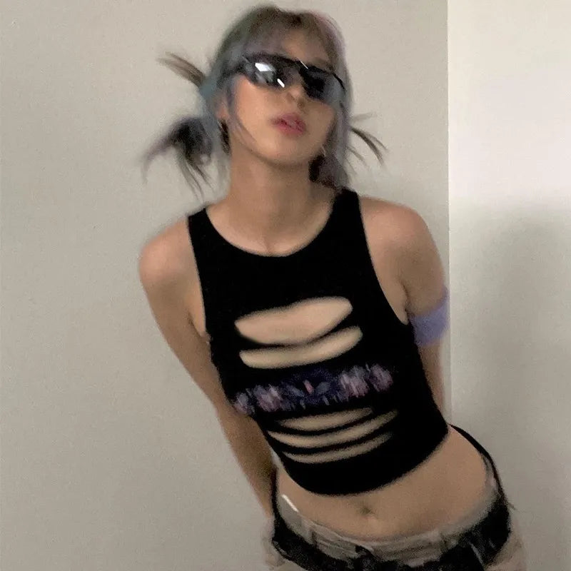 Y2K Aesthetics Hollow Out Fairycore Grunge Sexy Mall Goth Harajuku Crop Top