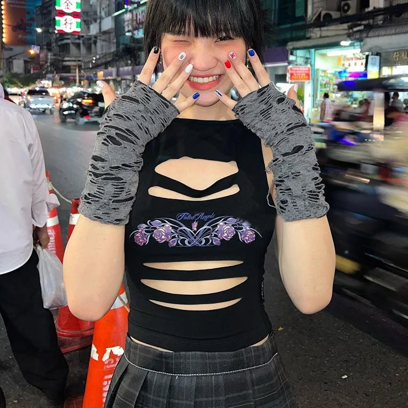 Y2K Aesthetics Hollow Out Fairycore Grunge Sexy Mall Goth Harajuku Crop Top