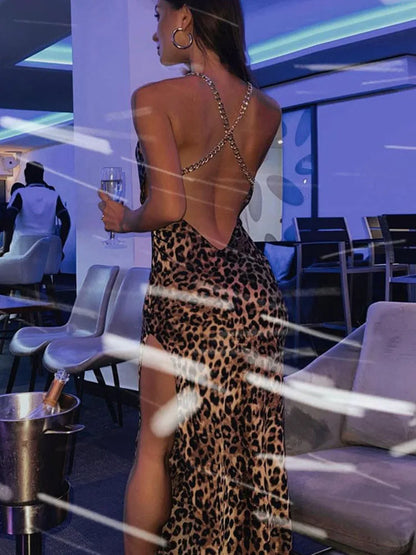 Leopard Chain Strap Side Slit Backless Sexy Festival Elegant Midi Dresses