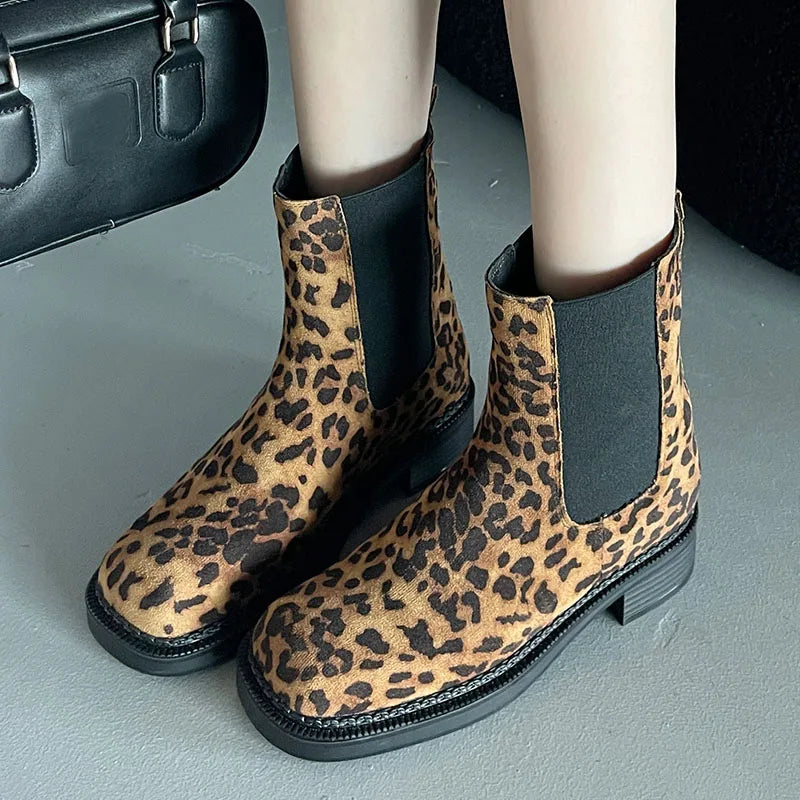 Leopard Print Slip On Western Flats Fashion Designer Ankle Boot