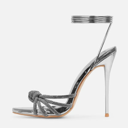 Bold  New Arrival Silver Crystal Narrow Band Open Toe High Heel