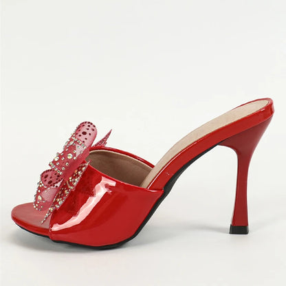 Elegant  2024 Patent Leather Women Crystal Mesh Bowknot High Heel