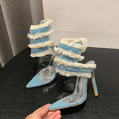 2024 New Design Denim Ankle Snake Summer High Heel