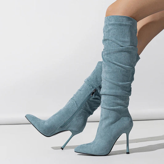 Stylish  Autumn Winter Pleated Denim Knee High Pointed Toe High Heel