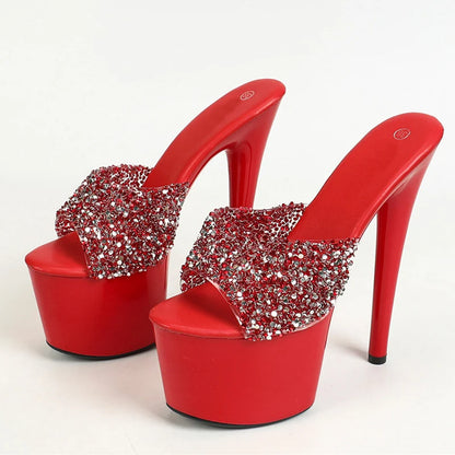 Black Red High Heel Sequined PVC Transparent Peep Toe High Heel