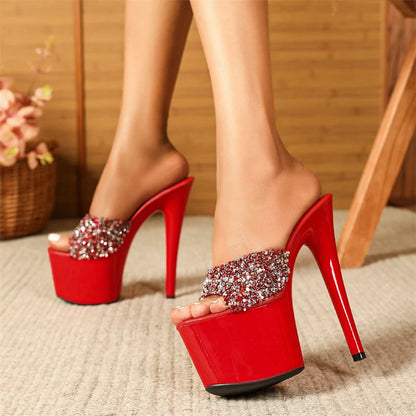 Black Red High Heel Sequined PVC Transparent Peep Toe High Heel