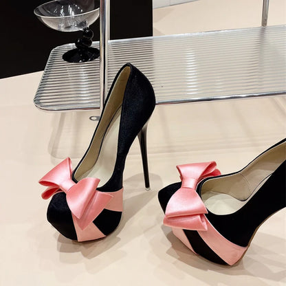 Fashion Design Bowknot Round Toe Platform Pumps High Heel