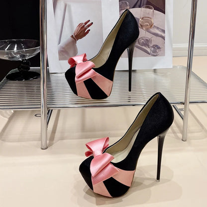 Fashion Design Bowknot Round Toe Platform Pumps High Heel