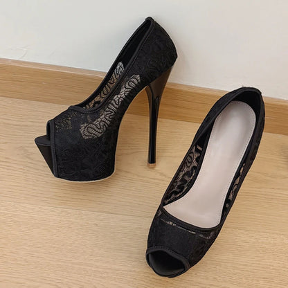 Stylish  Fashion Design Embroidery Mesh Slingback Peep Toe High Heel