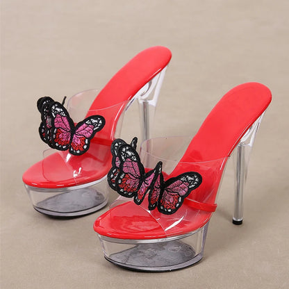 High Quality Handwork Embroidery Butterfly Transparent Platform High Heel