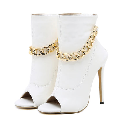 High Quality  White Leather Basic Boots Metal Chain Peep Toe High Heel