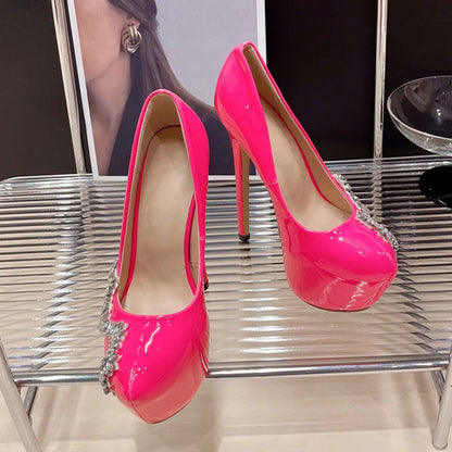 Runway Style Pink High Heel Round Toe Crystal Platform High Heel