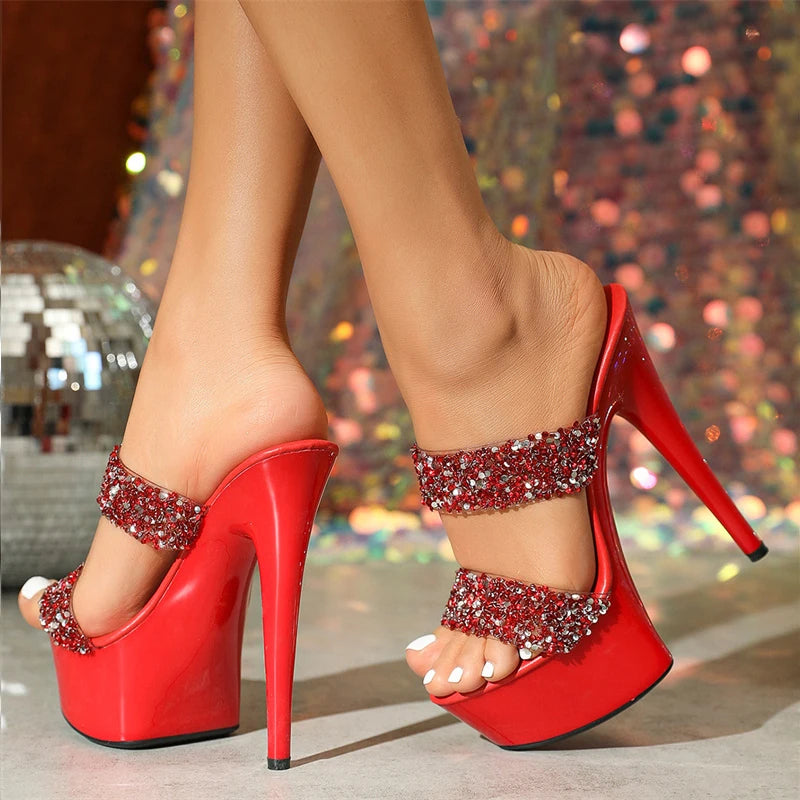 Glamorous  Runway Style Super High Heel Silver Sequined Summer Party High Heel