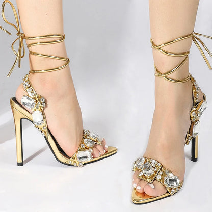 Sexy Ankle Strap Golded High Quality Crystal Diamond Wedding High Heel