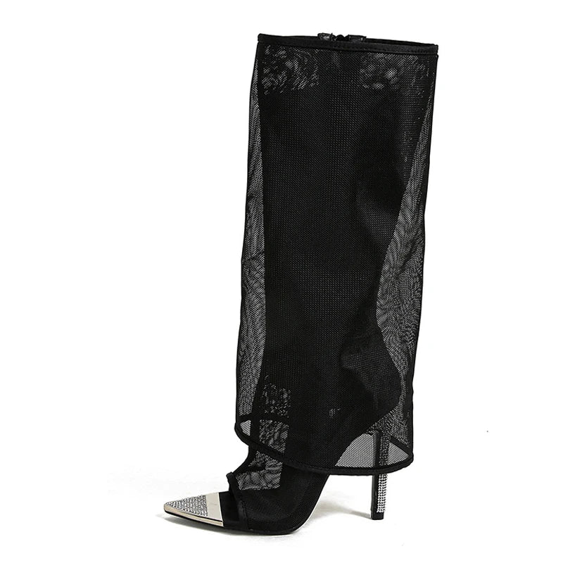 Sexy Metal Pointed Toe Black Mesh Knee High High Heel