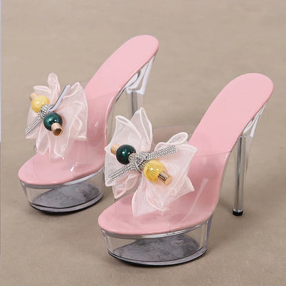 Size 35-43 Transparent Platform Slipper Mesh Bowknot High Heel