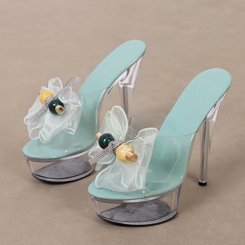 Size 35-43 Transparent Platform Slipper Mesh Bowknot High Heel