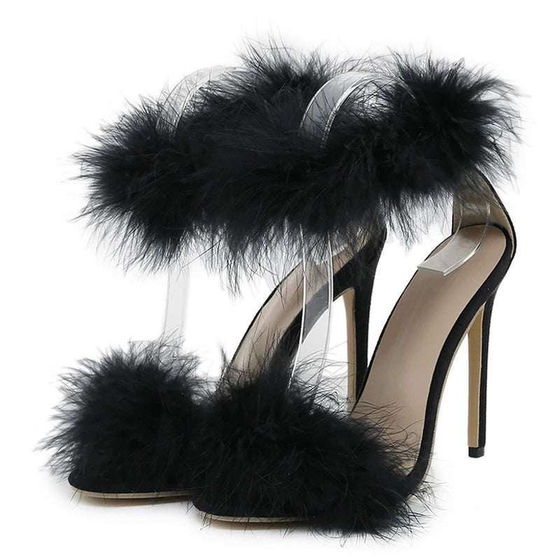 Cozy  Summer Faux Fur Ankle Strap Open Toe Feather High Heel