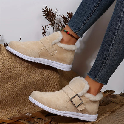 Plush Lined Flat Winter Warm Buckle Strap Slip-on Snow Boot