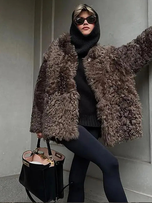 Loose Plush Autumn Winter Stand Single-breasted Long Elegant Hairy Soft Coat