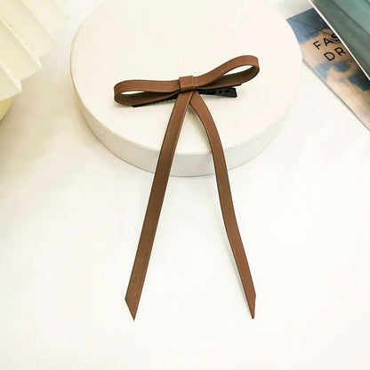 PU Leather Bow Long Ribbon Duckbill Clip Christmas Hair Accessory