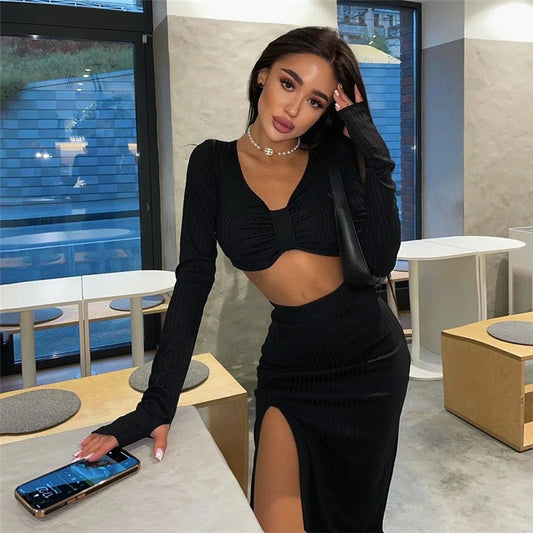 DressBetty - Elegant Solid Black Crop Top+ Side Slit Skirt