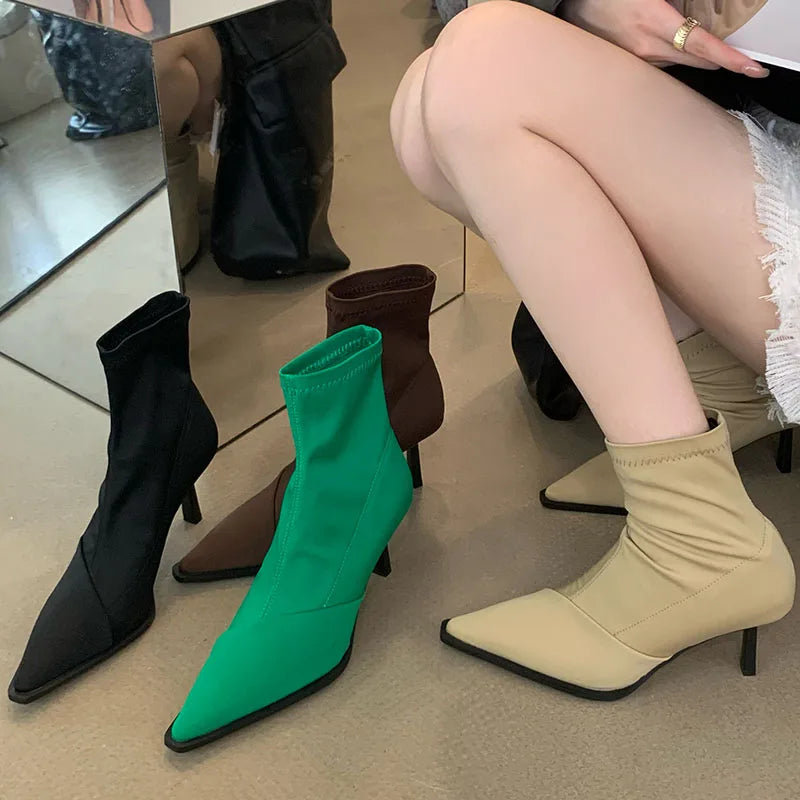 Stretchable Elastic Pointed Toe Heeled Fashion Ankle Boot