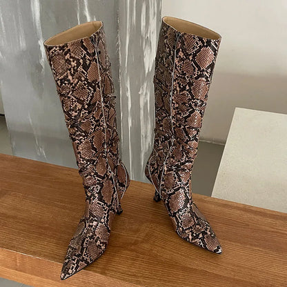 Elegant Modern Stylish Designer Snakeskin Pointed Toe Knee High Boots