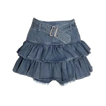 Retro Ruffled Fake Two-piece High Waist Cake Denim Skirt