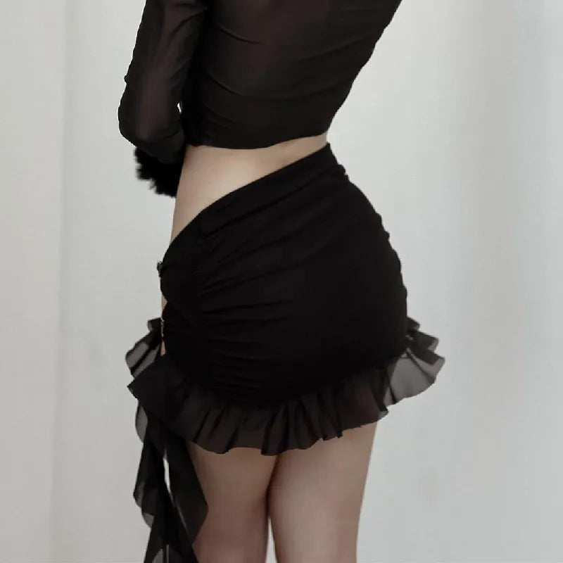 Sexy Black Ruffles Hollow Out Butterfly High-waist Split Mini Skirt