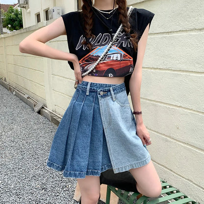 Streetwear Fashion Denim Contrast Color Patchwork A-line Mini Skirt