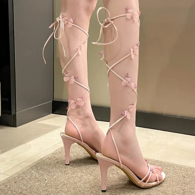 Fashion Pink Butterfly Design Elegant Strappy Open Toe Party High Heel