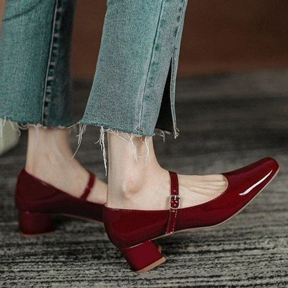 New Red Black Mary Janes High Quality Leather Square Toe Buckle Strap Women's Shoes Low Heel Pumps