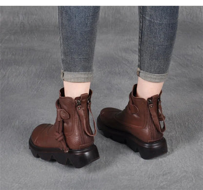 Casual High Top Leather Cowboy Round Toe Lace up Platform Ankle Boot