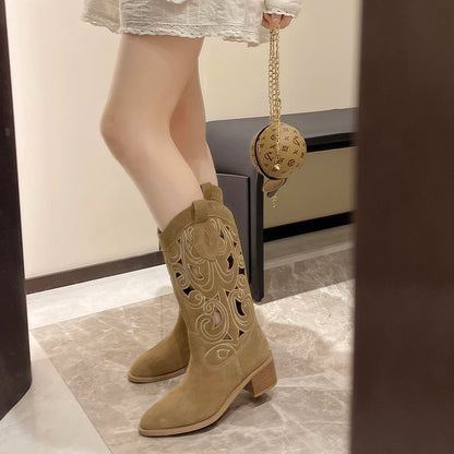 Summer Retro Round Toe Chunky Heels Vegan Suede Cowboy Ankle Boot