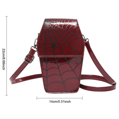 Novelty Halloween Gothic Coffin Shape Spider Web Sling PU Leather Bag