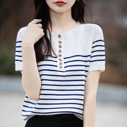 O-Neck Stripe Summer Short Thin Casual Fashion Knit Sweater