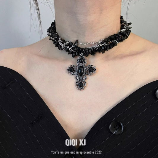 Black Irregular Stone Heavy Gothic Punk Layered Necklace